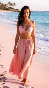 Beautiful woman walking on pink sand beach in the Bahamas