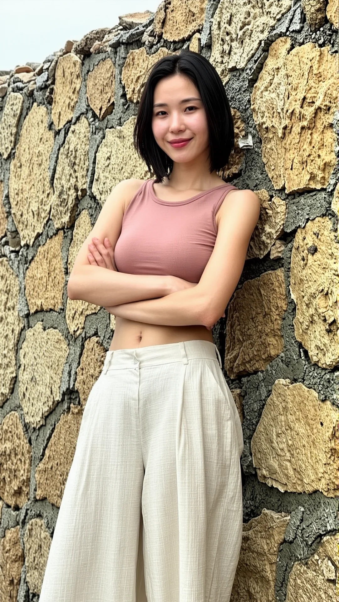 Stylish Asian woman leaning against a stone wall with a knowing smirk