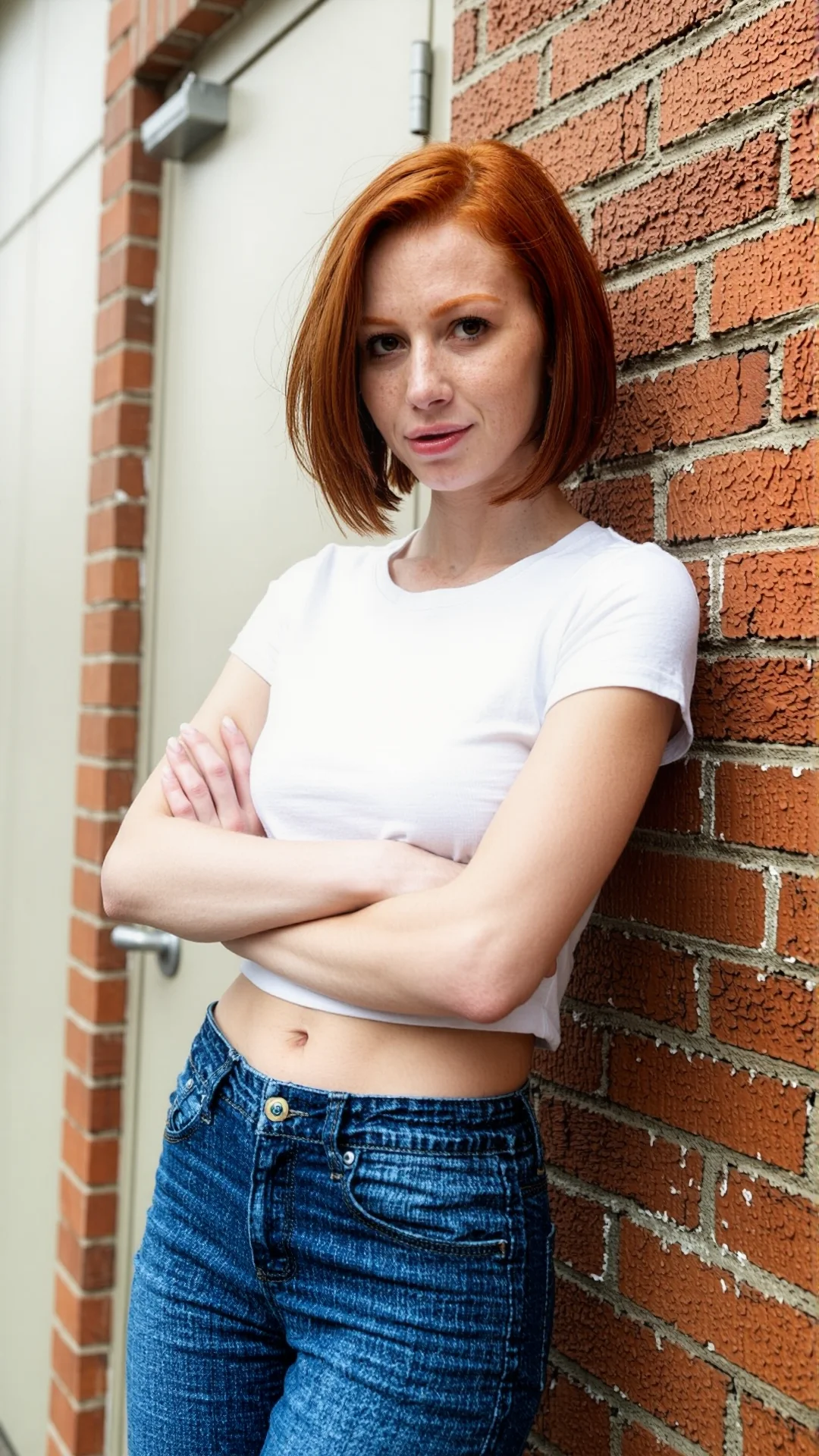 Stunning redhead woman leaning casually against a brick wall by a door