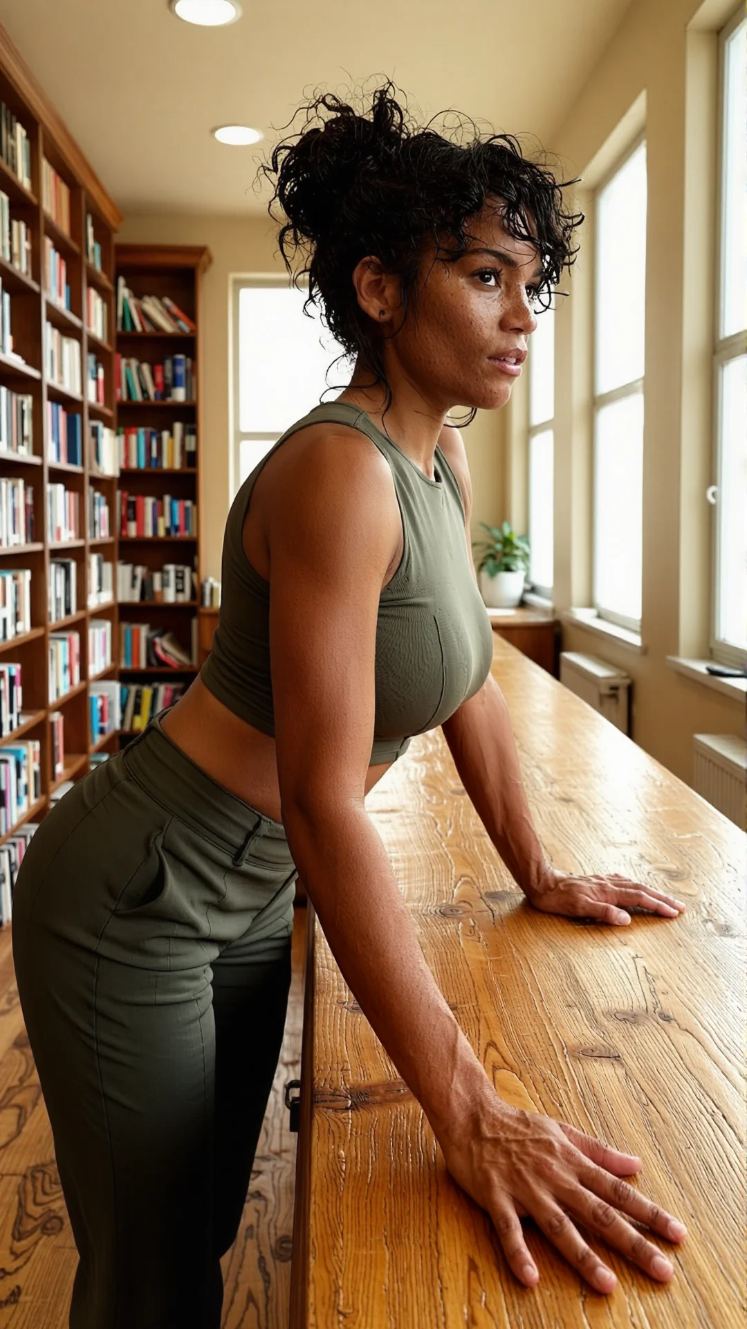 Confident Black woman in crop top leaning over library counter in natural light