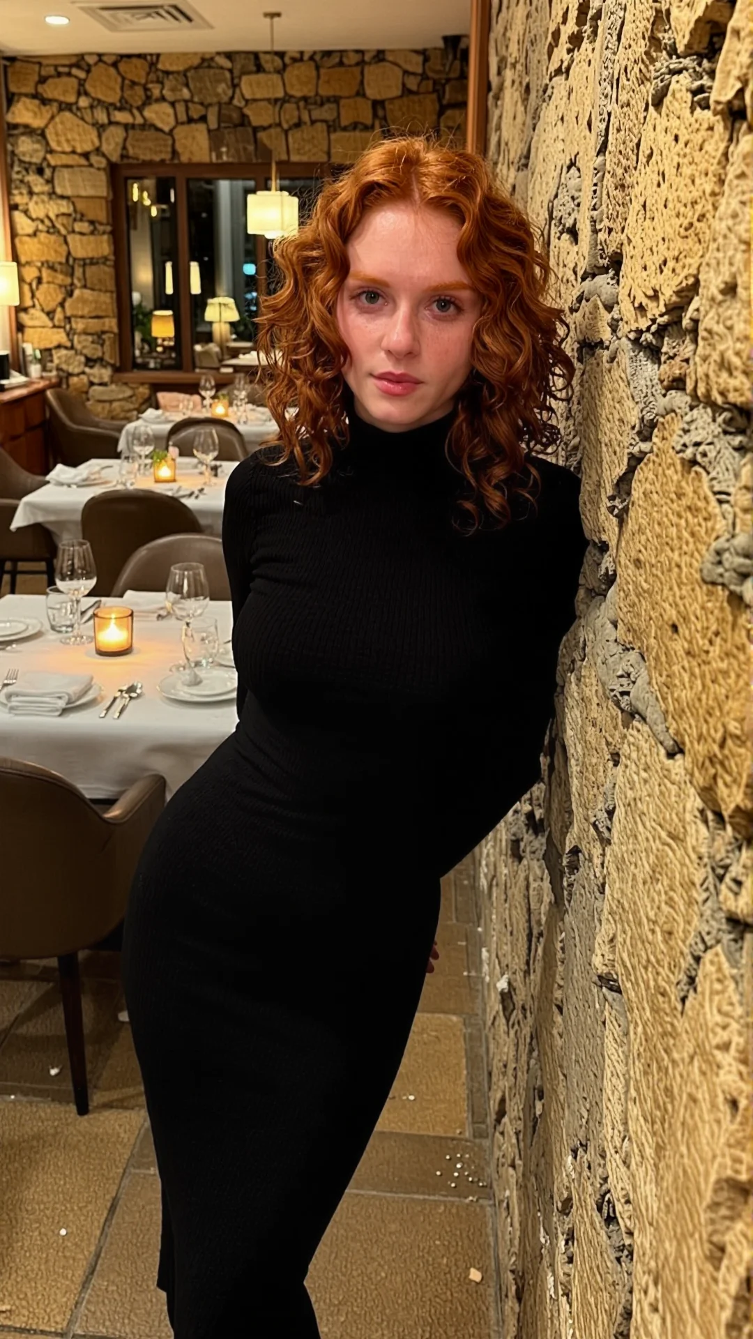 Gorgeous redhead in black bodycon dress leaning against stone wall in private dining room