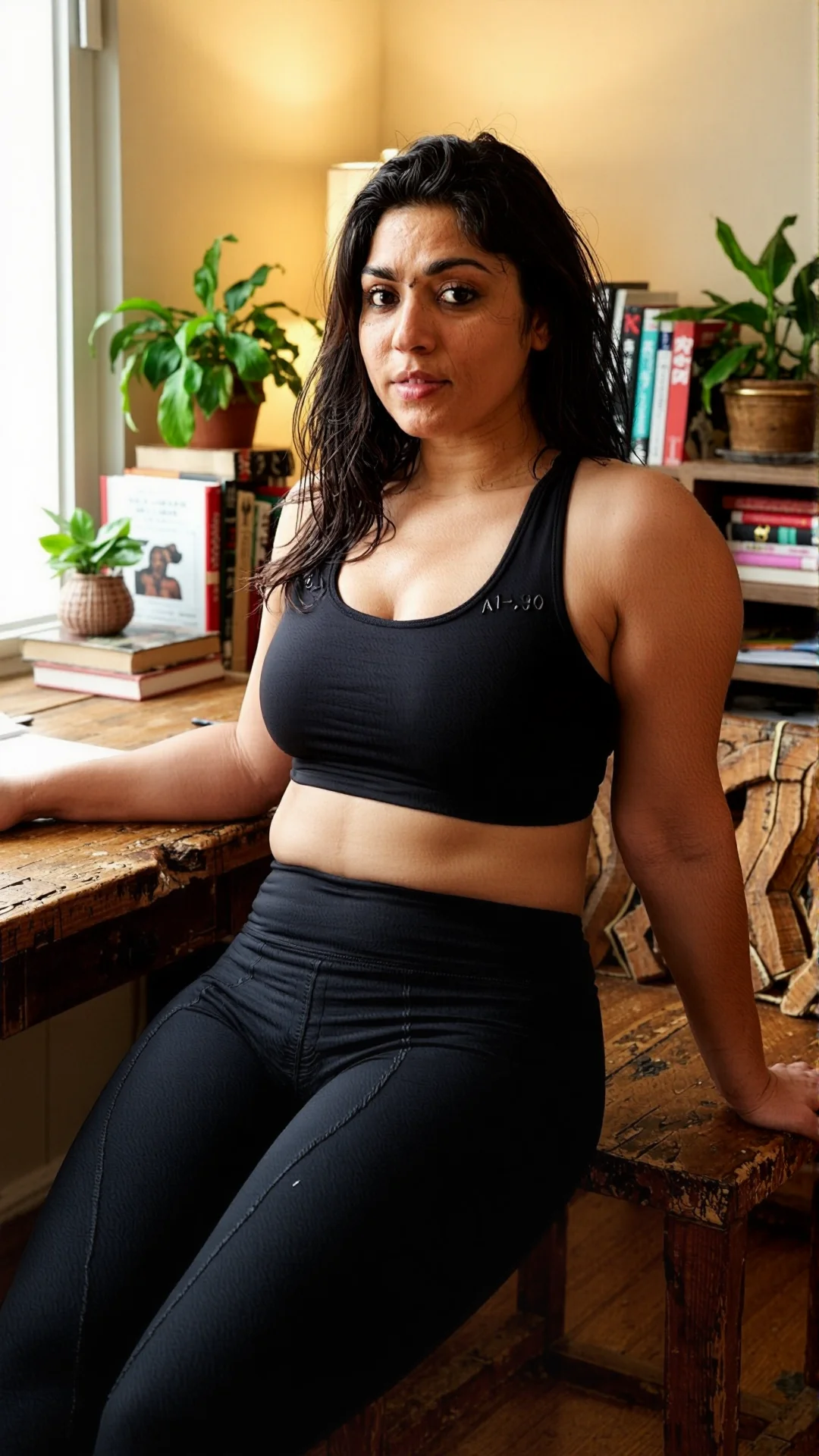 Beautiful South Asian woman sitting at a home desk in workout wear