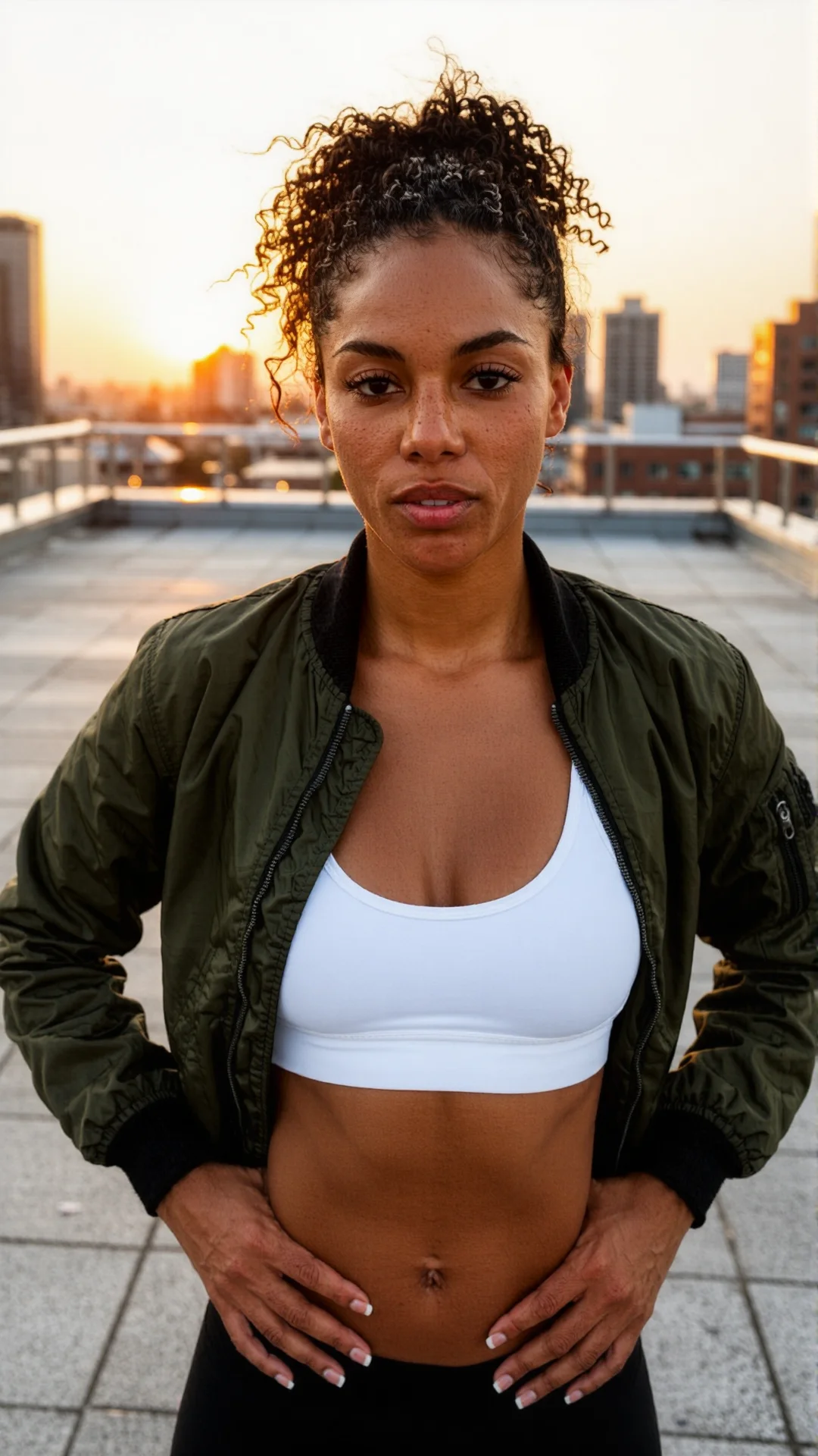 Athletic Black woman in bomber jacket on rooftop at sunset