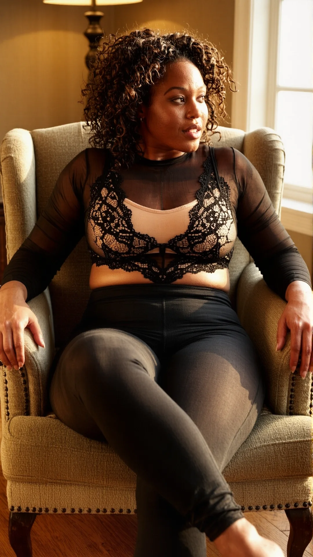 Stunning Black woman in sheer lace bodysuit seated in an armchair