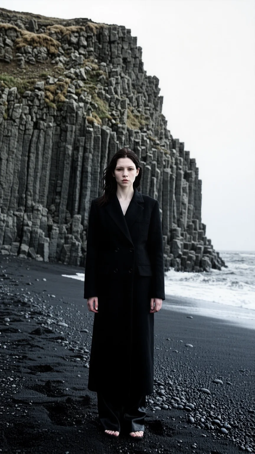 Beautiful woman on the black volcanic sands of Reynisfjara Beach, Iceland