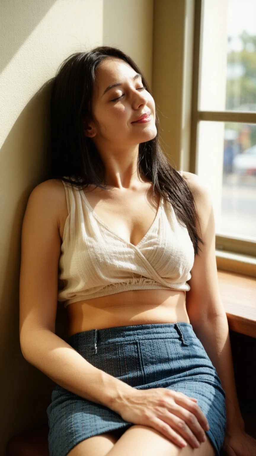 serene gorgeous barista in flowy crop top by sunlit cafe window