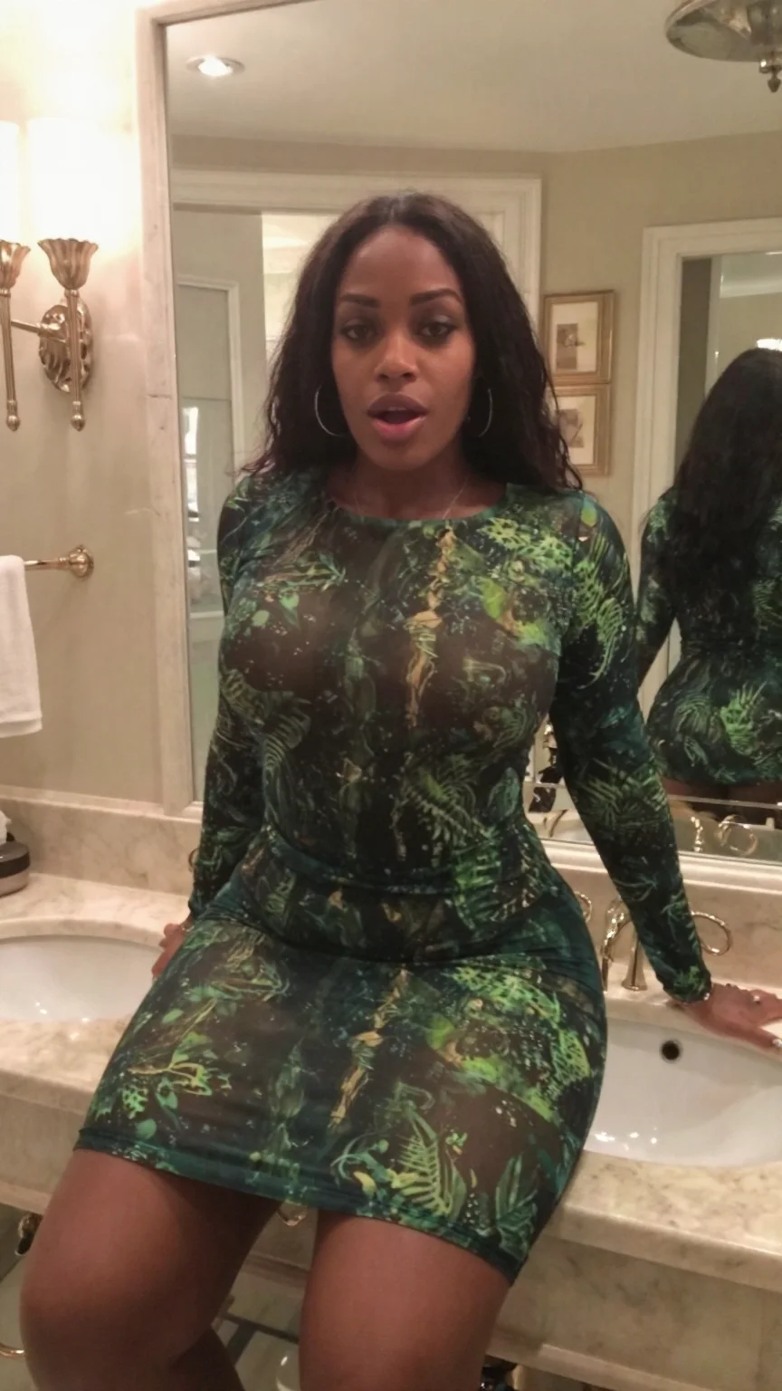 Black woman in green mesh cover-up in hotel bathroom