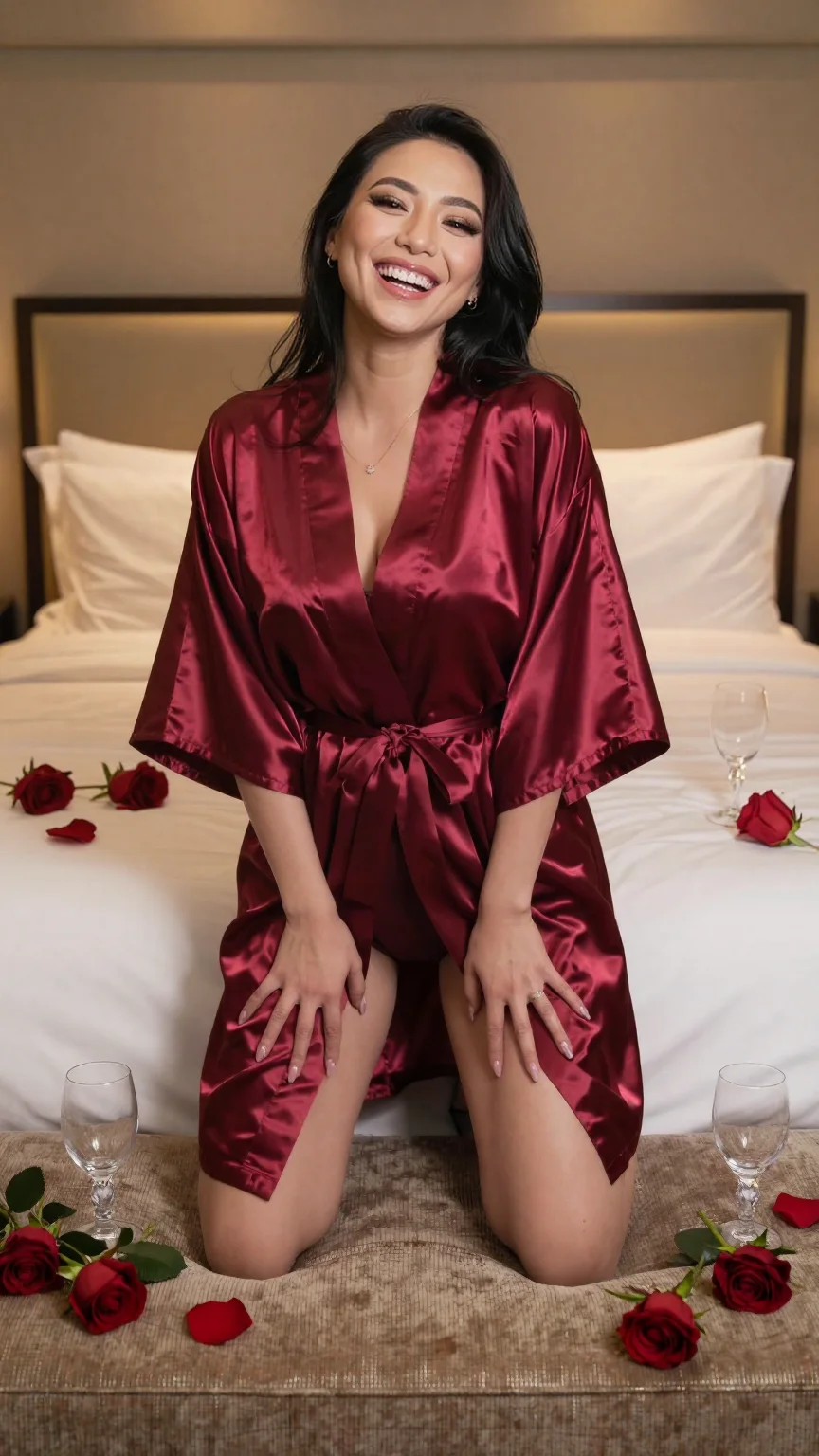 Asian woman in silk robe on hotel bed with party aftermath