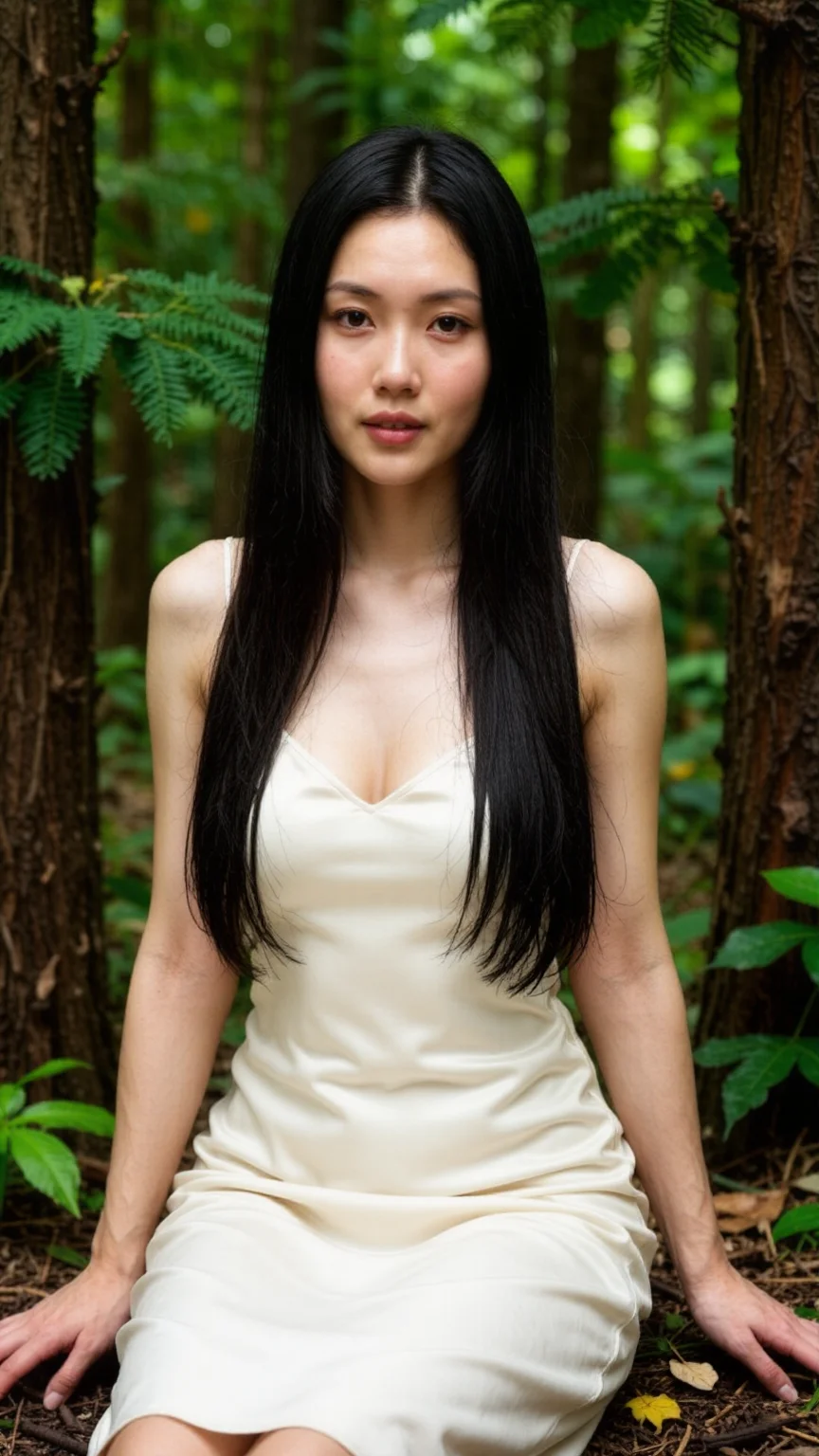 Beautiful Asian woman in silk dress at Japanese forest yoga retreat
