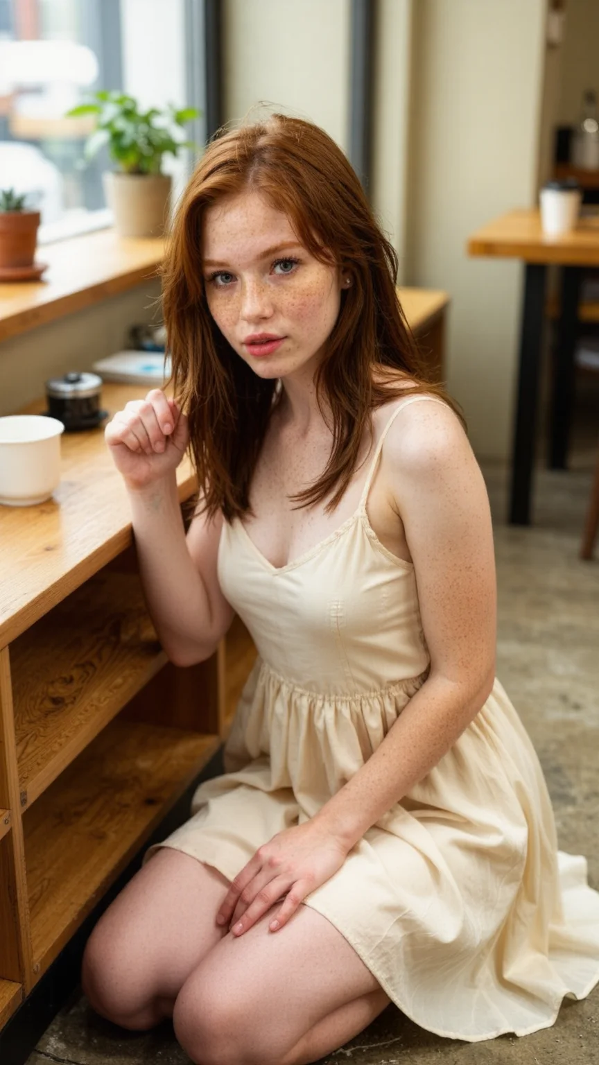natural beauty barista with freckles in sundress in cafe