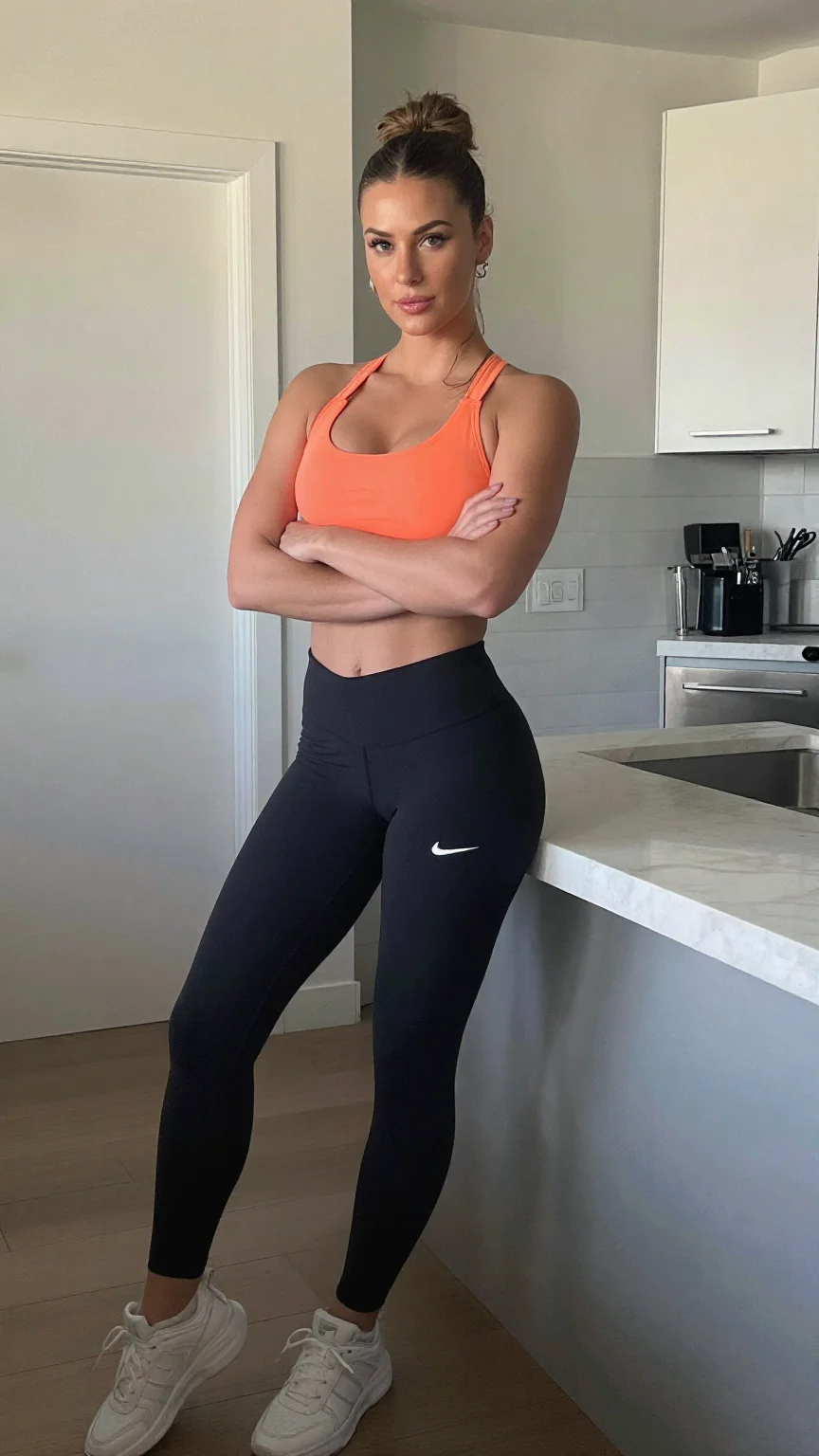 Athletic Latina woman in orange sports bra confidently posing in kitchen